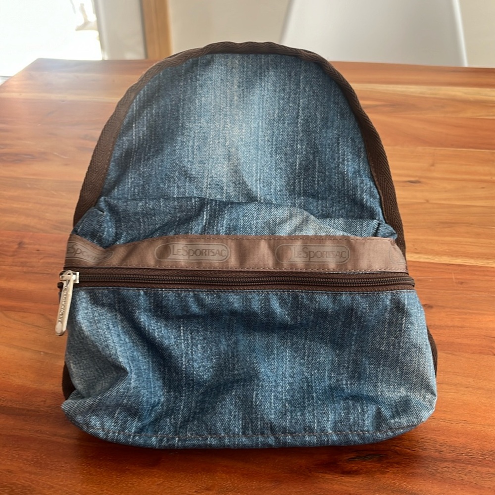 LeSportSac Like New Mini Denim print Backpack with brown accents